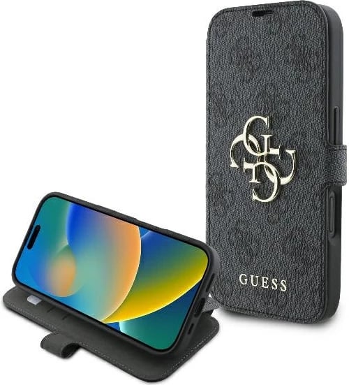 Mbështjellës Guess 4G Metal Logo për iPhone 16, e zezë