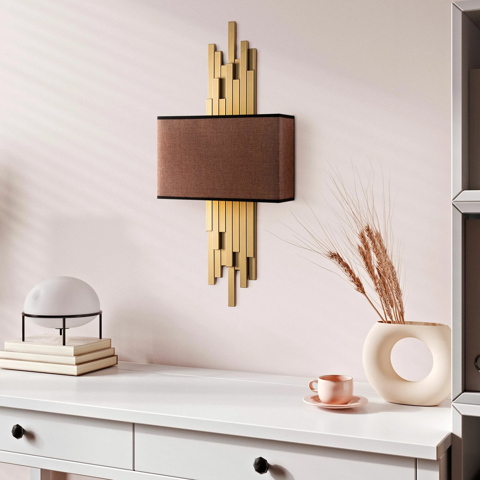 Llambë muri Opviq, Axıs - 15113, trup metalik, kapak prej tekstili, ngjyrë ari dhe kafe, 35x75x10 cm