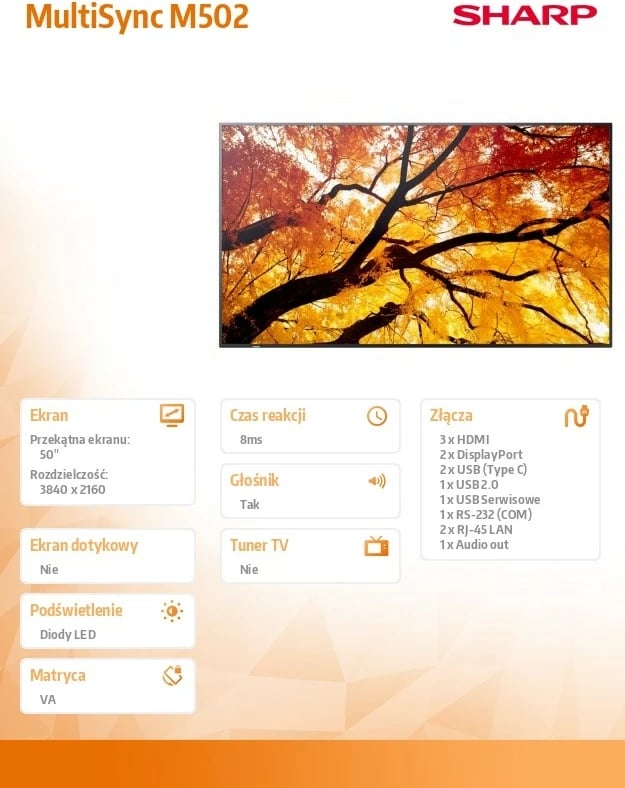 Monitor formati i madh Sharp MultiSync M502 50" 4K 550 cd/m² 60 Hz USB-C LAN altoparlantë, e zezë