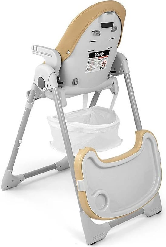 karrige e lartë për ushqim, Milly Mally Bueno, 7 nivele lartësie, shpinore reclinueshme, rripa 5-pikësh, deri 15 kg, 6–36 muaj, bezhë