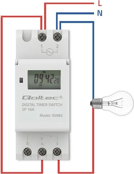 Programator kohor elektronik për shinë DIN, Qoltec 50983, 7 ditësh, 16 programe, bateri e integruar, 16A/3600W, i bardhë