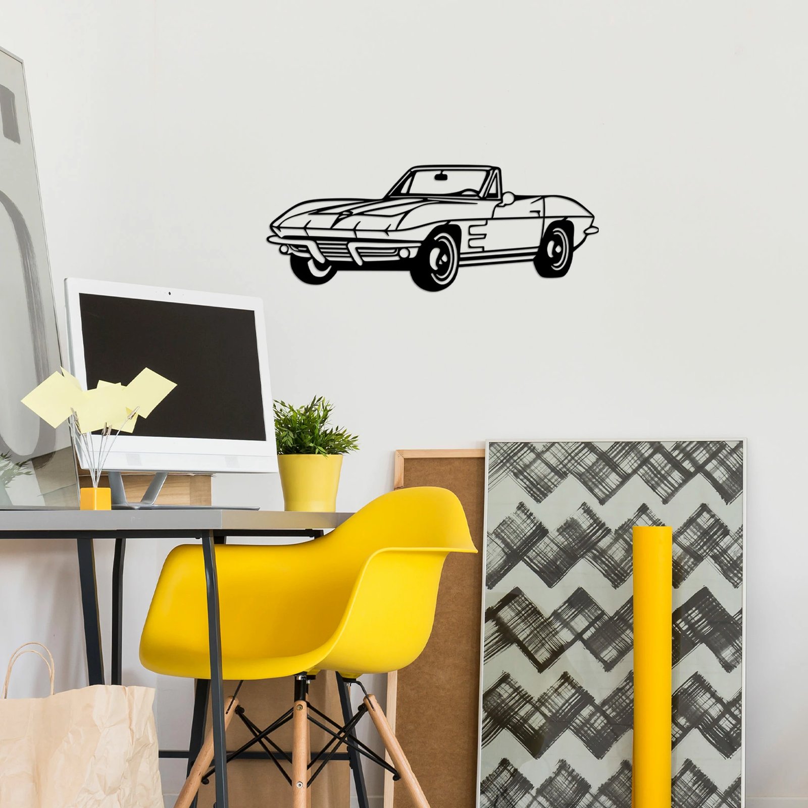 Aksesor dekorativ metalik për mur, veturë klasike, ngjyrë e zezë, 26x70cm