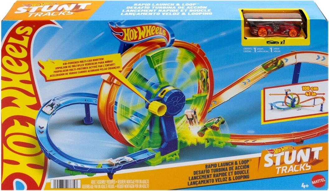 Set pistë garash Hot Wheels Race Turbo Loop, me makinë metalike 1:64, shumëngjyrëshe