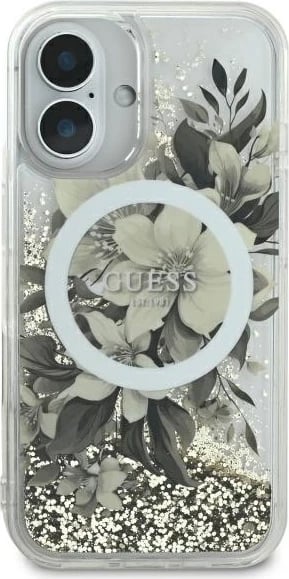 Mbështjellës Guess Liquid Glitter Flower MagSafe për iPhone 16, Bezhe