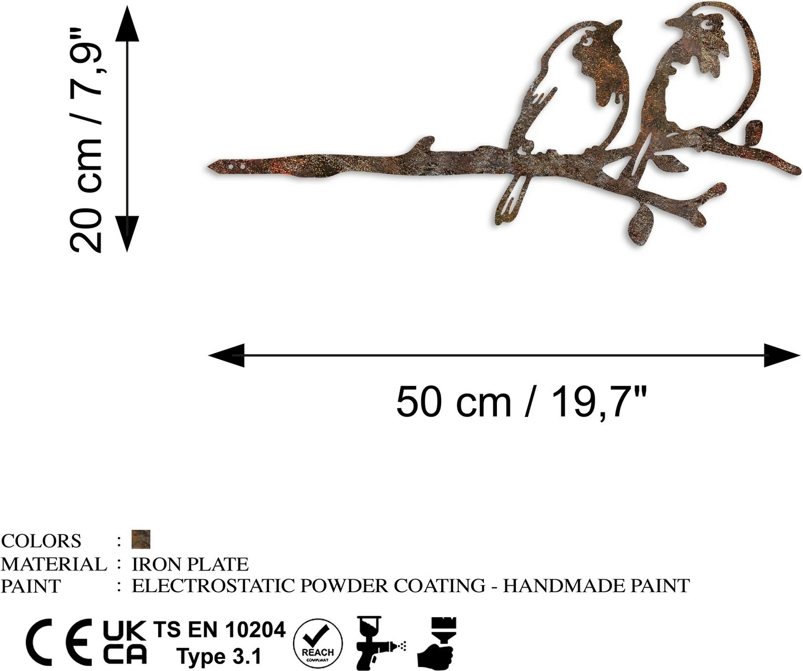 Objekt dekorativ për kopsht, dizajn Aberto, zogj në degë, ngjyrë kafe, 50x20cm