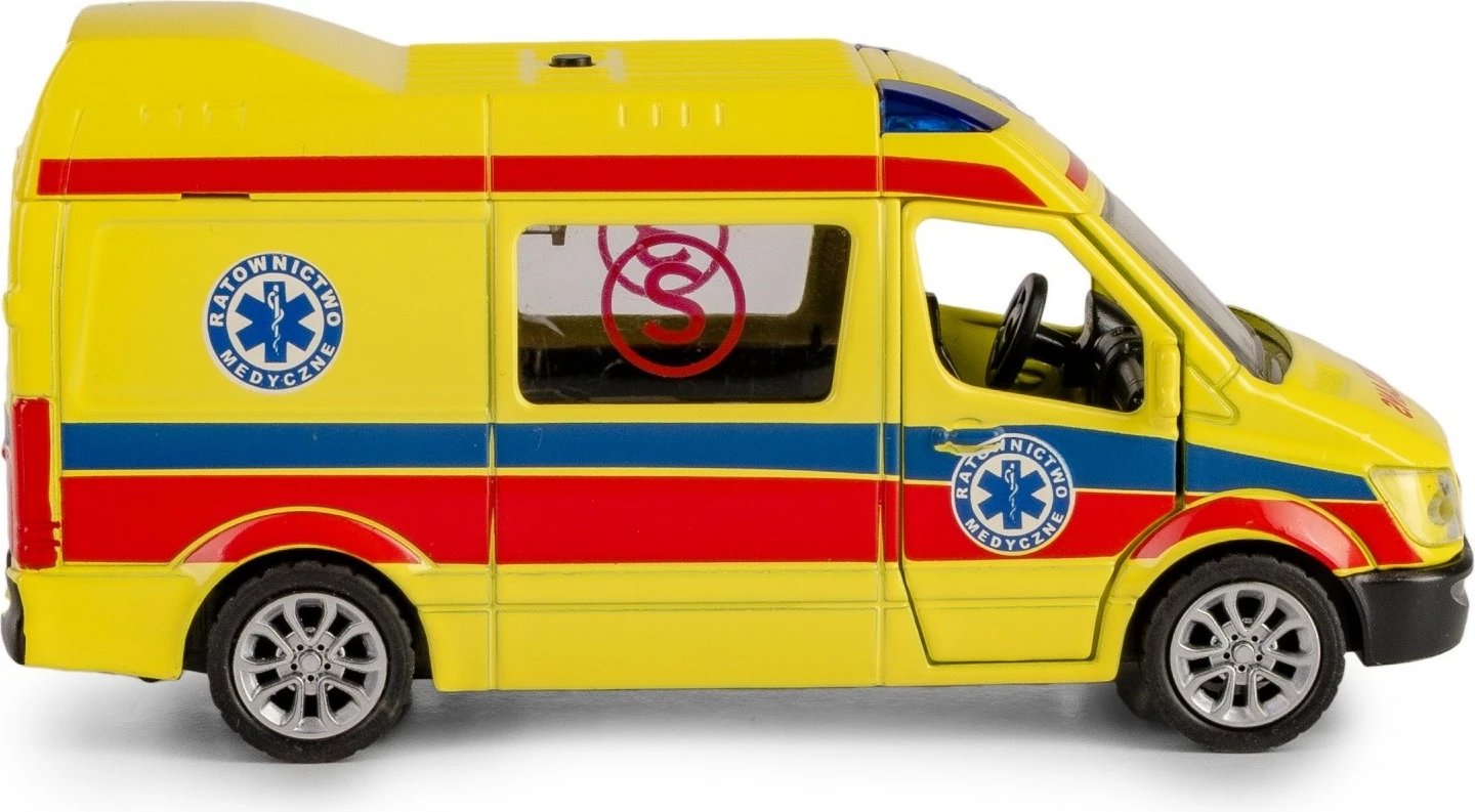 Ambulancë lodër Daffi B-433, metal dhe plastikë, me drita dhe zë, e verdhë