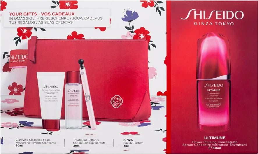Set për kujdes të lëkurës dhe Eau de Parfum Shiseido Ultimune Power Infusing Concentrate + Clarifying Cleansing Foam + Treatment Softener + Eau de Parfum për femra 50ml+30ml+30ml+4ml