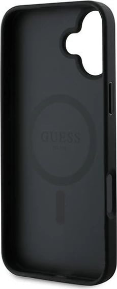 Mbështjellës Guess Grained Gold Ring MagSafe për iPhone 16 Plus, i zi
