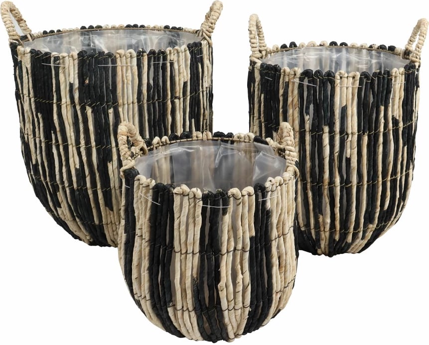 Set shporta THEROS, 3 copë, gjethe misri, natyrale/zi, 38x38x40cm