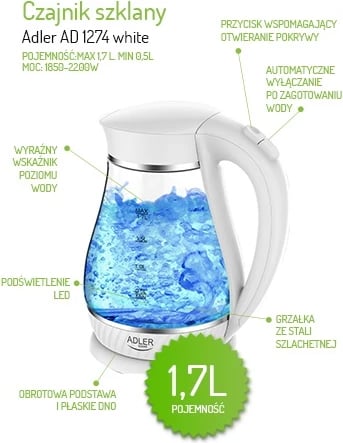 Çajnik elektrik, Adler AD 1274, 1.7L, 2200W, xhami, ndriçim LED, i bardhë