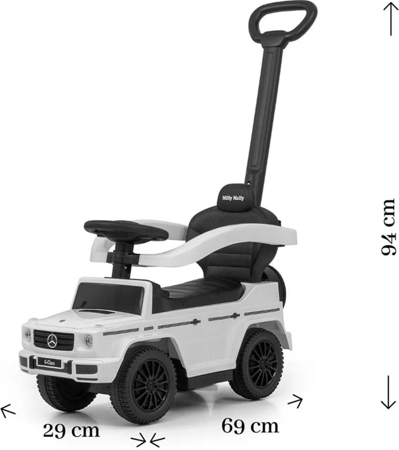 makinë shtytëse për fëmijë me dorezë, Milly Mally, Mercedes G350d, me dorezë udhëzuese, sedilje me hapësirë ruajtjeje, 12–36 muaj, 25 kg, e bardhë