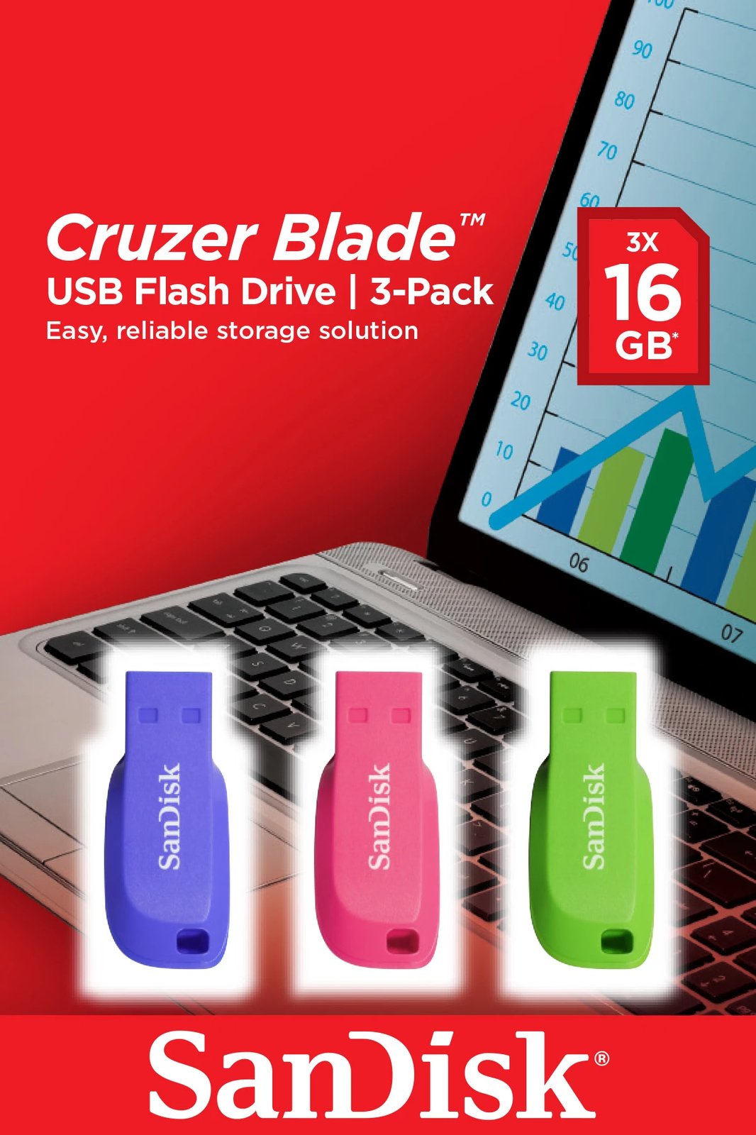 USB SanDisk Cruzer Blade, 16GB, e kaltër, e gjelbër, rozë, 3 copë