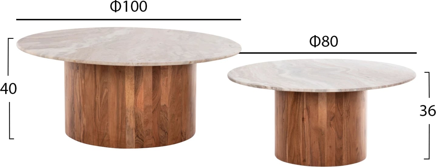 Tavolina kafeje 2 copë FORMEL FH11915 dru akacie, sipërfaqe mermeri natyral-bardhë Φ100 & Φ80 cm