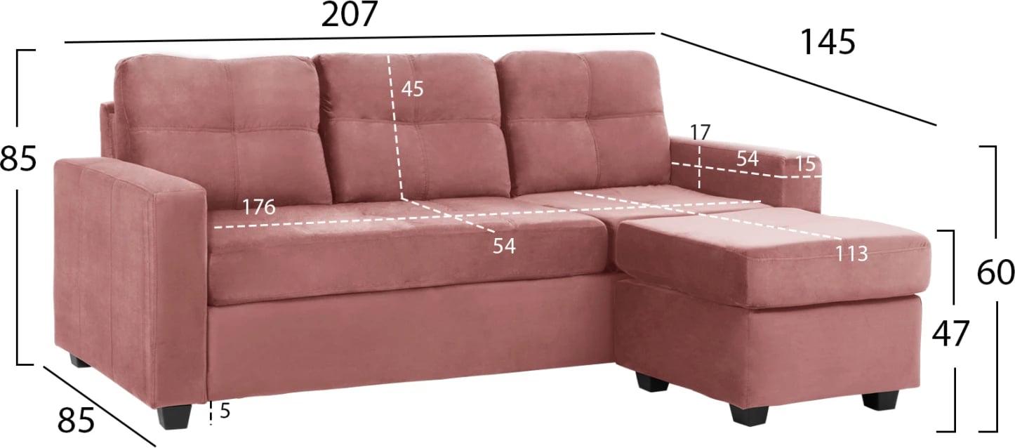 Kënd divani i kthyeshëm, kadife, ngjyrë rozë e pluhurosur, 207x145x85 cm, FH3004.12