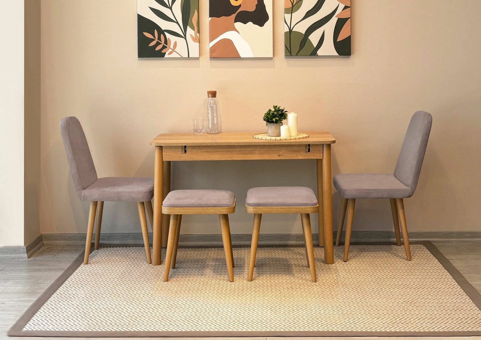 Set tavolinë me karrige për ngrënie, zgjatues, 6 pjesë, Skye Decor, Vina Mini 03 0701, ngjyrë lisi, Soho gri