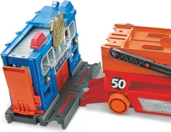 Kamion lodër Hot Wheels Mega Transporter Truck 50th Anniversary, plastikë, zi/portokalli/kuq