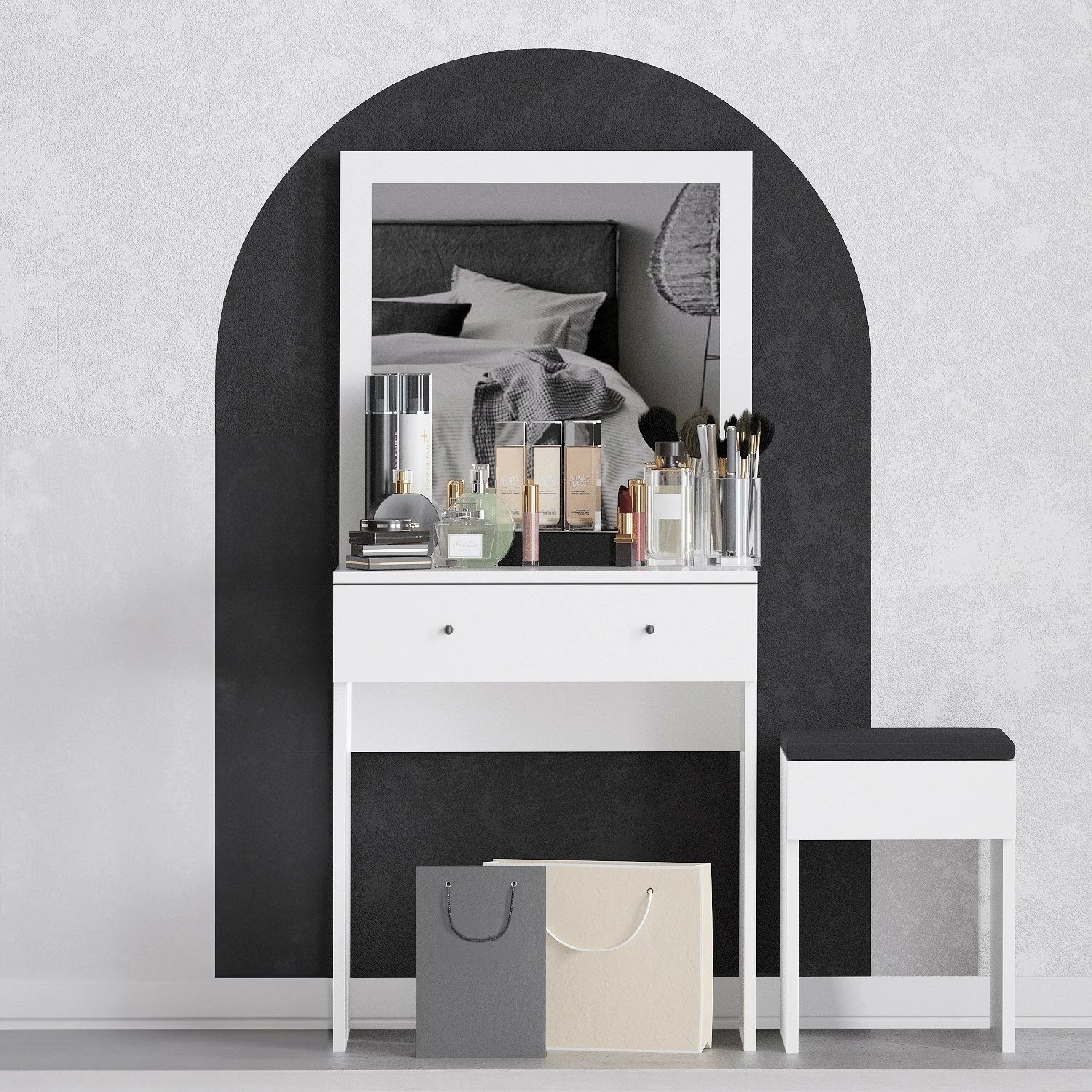 Tavolinë grimimi Hanah Home, Felix, e bardhë, me pasqyrë dhe karrige