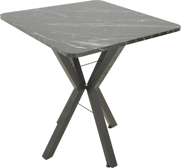 Tavolinë katrore Arenya, efekt mermeri i zi, këmbë metalike të zeza, 70x70x72cm