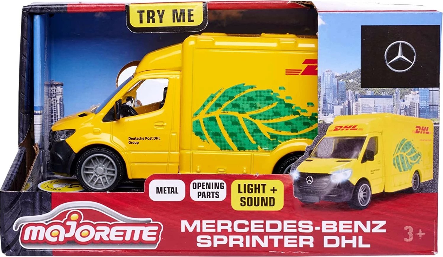 Lodër veturë Majorette Mercedes-Benz Sprinter DHL, metal, 12.5 cm, e verdhë, me drita dhe zë