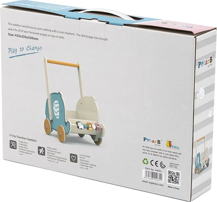 Karrocë ecëse druri fagu, Viga Elephant, rrota me gomë antirrëshqitëse, 12m+, multingjyrësh