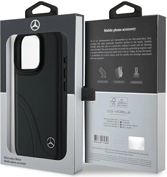 Mbështjellës Mercedes MB Curved Stitches Leather për iPhone 16 Pro, i zi