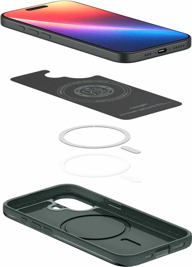 Mbështjellës Spigen Thin Fit MagSafe për iPhone 17, polikarbonat i hollë, me unazë magnetike, jeshile
