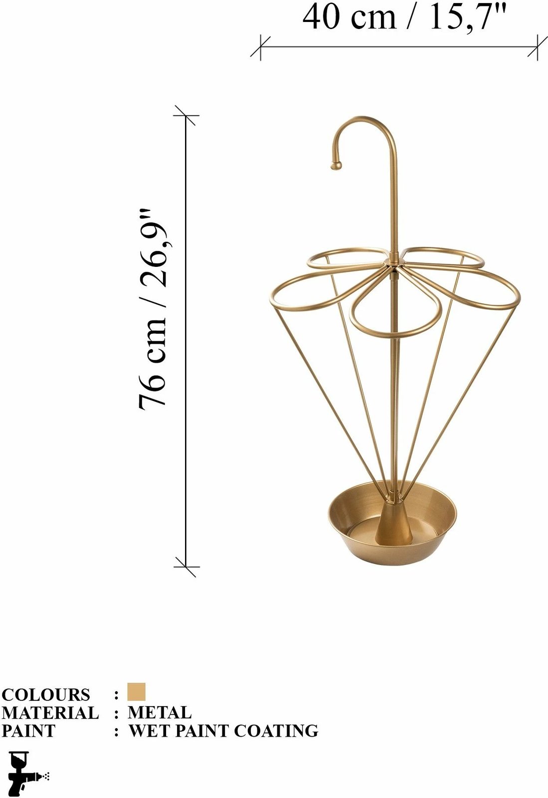 Stendë për ombrella, metalike, ngjyrë ari, Evila Originals, 40x40x76cm