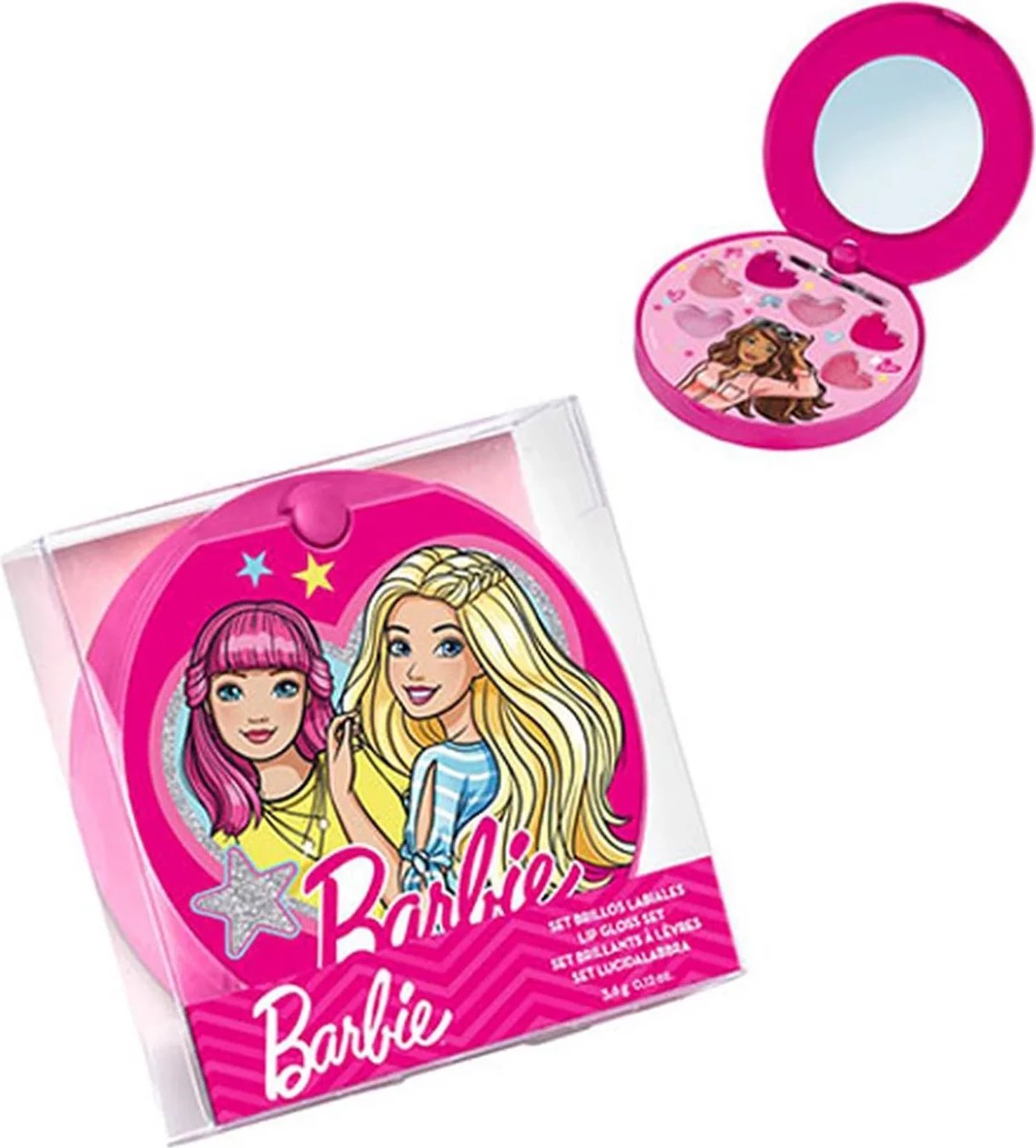 Set për buzë Cartoon Barbie Polvera Espejo Brillo për fëmijë rozë