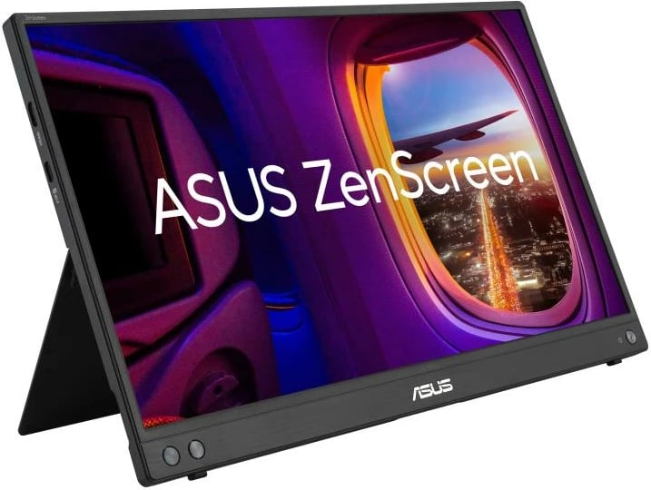 monitor portativ, Asus, ZenScreen MB16AHV, 15.6" Full HD IPS, USB‑C dhe Mini‑HDMI, auto‑rotacion, sipërfaqe anti‑reflektive, filtër Blue Light, antibakterial, e zezë/blu