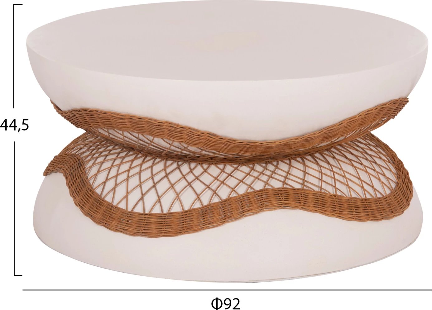 Tavolinë kafeje rrethore ANNA, çimento fiber e bardhë, ratan natyral, FH18157.02, 92x44.5cm