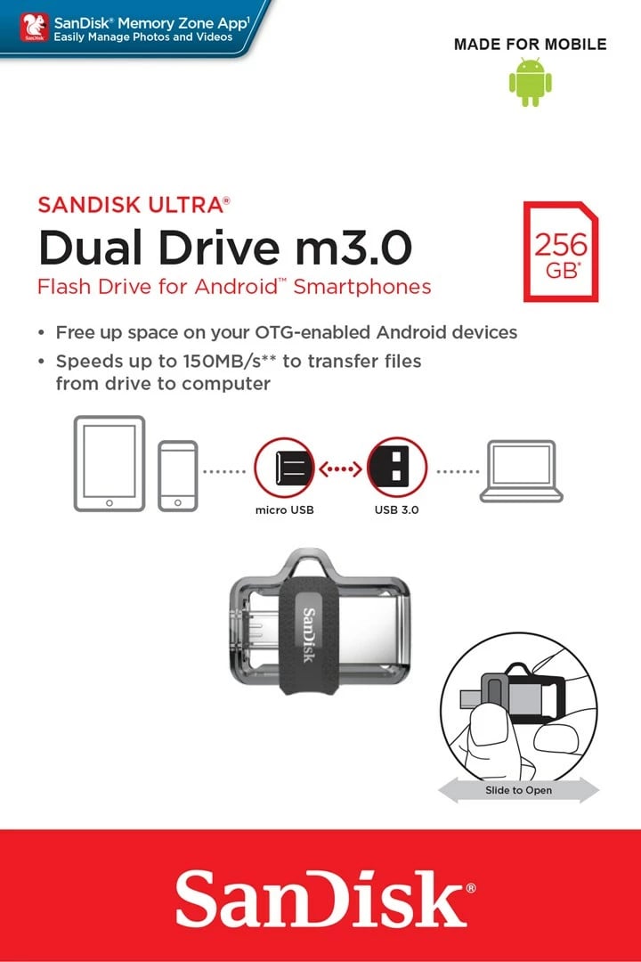 USB Sandisk Ultra Dual m3.0, 256 GB, i zi, argjend, transparent
