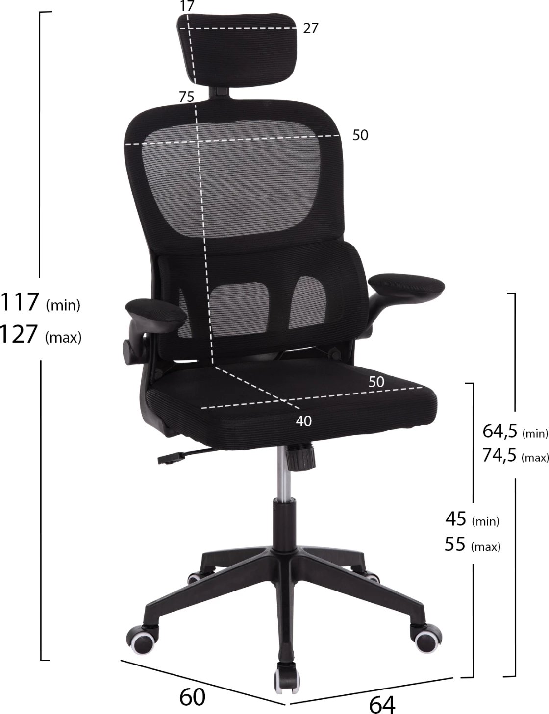 Karrige zyre Baston, rrjetë e zezë, FH18236.01, 64x60x117-127cm