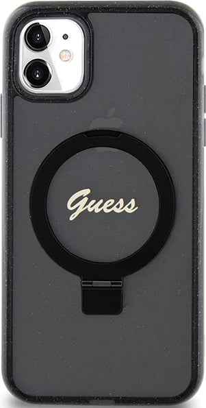 Mbështjellës Guess Ring Stand Script Glitter MagSafe për iPhone 11/XR, i zi
