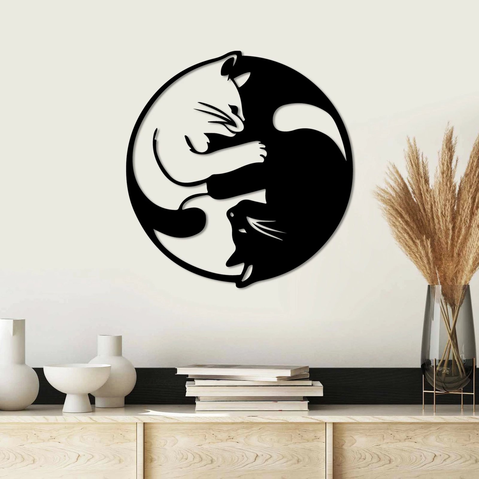 Aksesor dekorativ metalik për mur, dizajn mace, Wallity, Cat 1, ngjyrë e zezë, 54x56cm