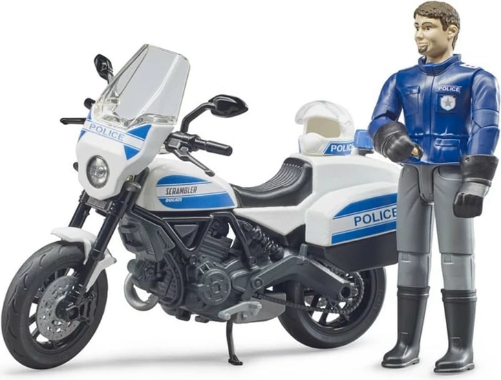 Lodër motor policie BRUDER Scrambler Ducati me polic, 1:16, Bardhë/Kaltër