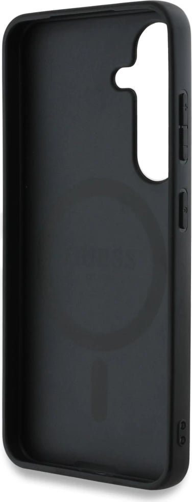 Mbështjellës Guess 4G Round Patch Classic Logo MagSafe për Samsung Galaxy S25, i zi
