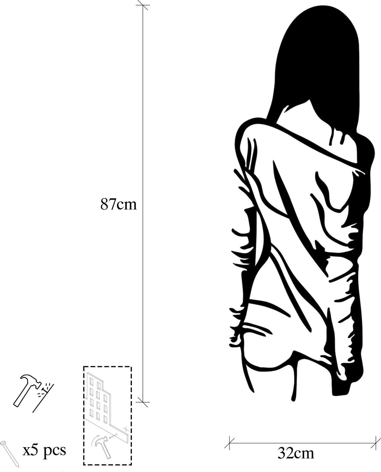 Aksesor dekorativ metalik për mur, grua me fustan të lirë, Wallity