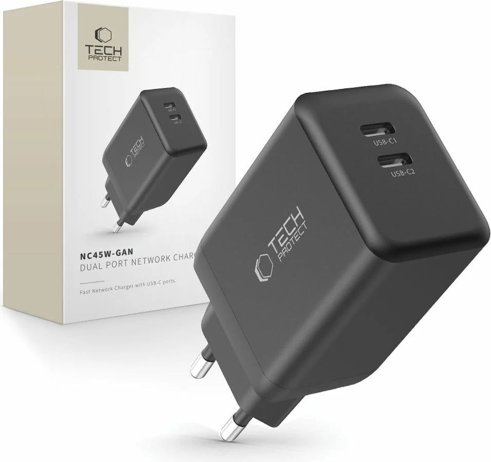 Karikues muri Tech-Protect NC45W-GAN me 2 porta USB-C, 45W, i zi