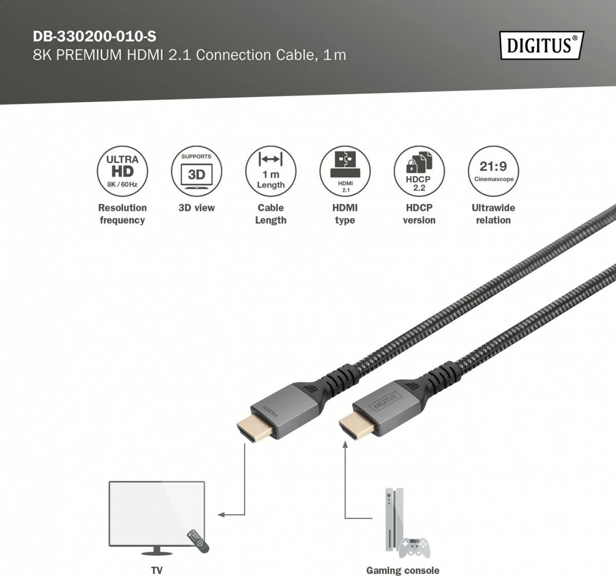 Kabllo HDMI Digitus DB-330200-010-S, Ultra High Speed 8K, 1m, e zezë/gri