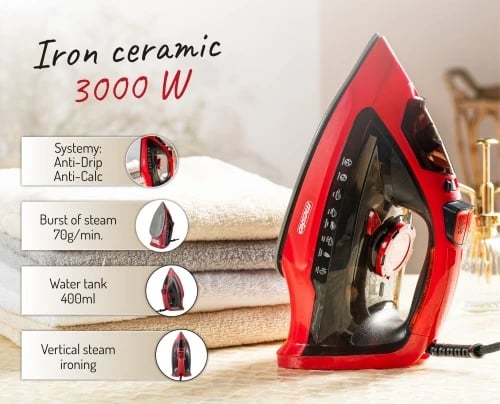 Hekur me avull Adler MS5031 3000 W taban qeramik rezervuar 400 ml i kuq/zi