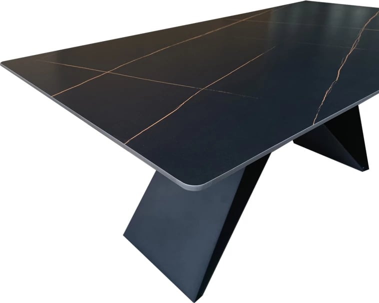 Tavolinë Mapele, sipërfaqe mermeri e zi, këmbë metalike të zeza, 180x90x75cm