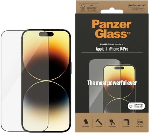 Mbrojtës ekrani PanzerGlass Ultra-Wide Fit për iPhone 14 Pro, xham i temperuar, antibakterial