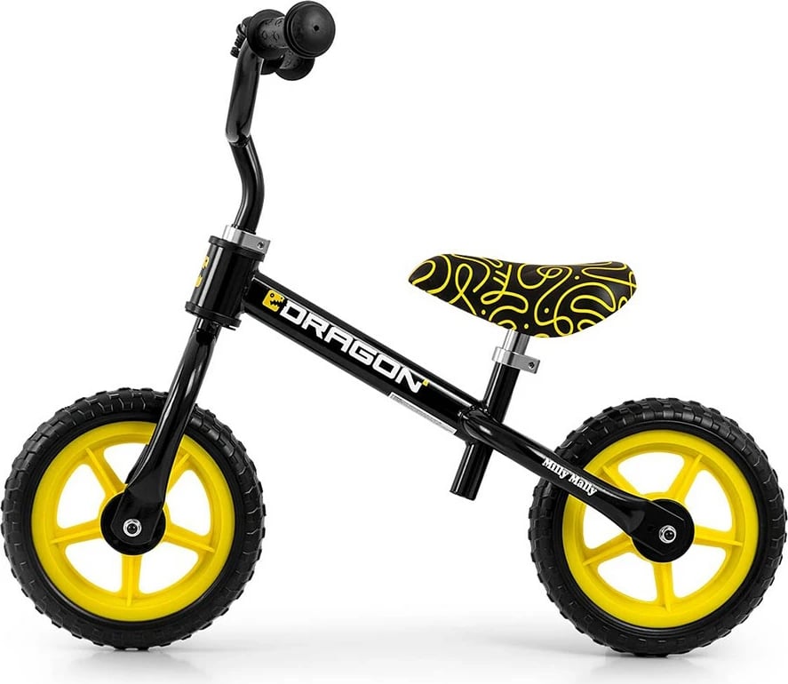 Biçikletë balancuese, Milly Mally, Dragon, rrota 10" shkumë, kornizë çelik e lehtë, timon/sedile të rregullueshme, zile, e zezë