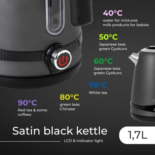 çajnik elektrik, Adler, AD1295, 1.7L, LCD me rregullim temperature 40–100°C, funksion keep warm 2 orë, inoks, gri