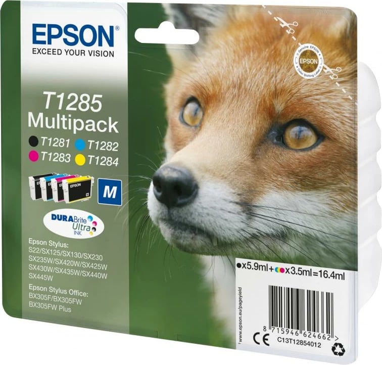 Fishekë boje multipak, Epson, T1285 Multipack C13T12854012, DURABrite Ultra, paketë 4 ngjyra (e zezë, cian, magenta, e verdhë)