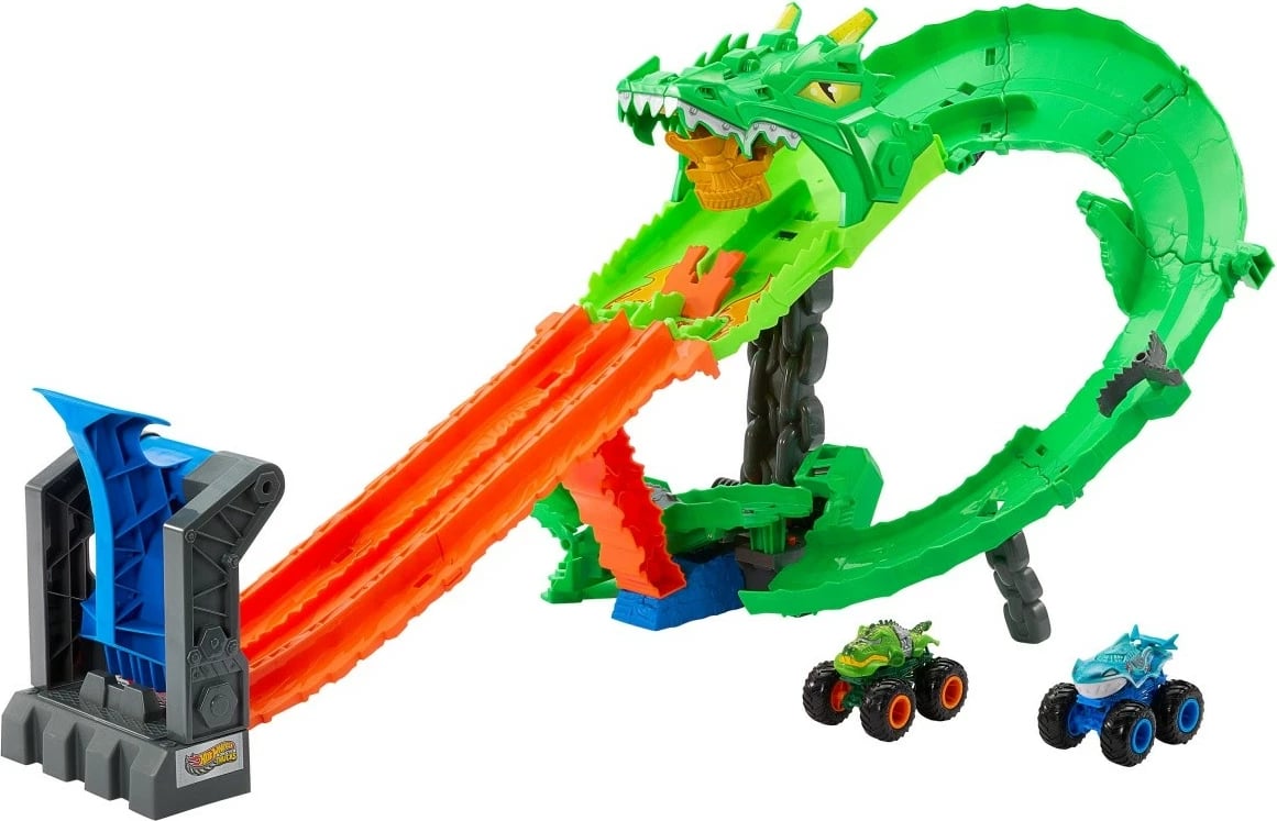 Set lodrash Monster Trucks Hot Wheels JFR06, Great Bite + Rageasaur, shumëngjyrësh