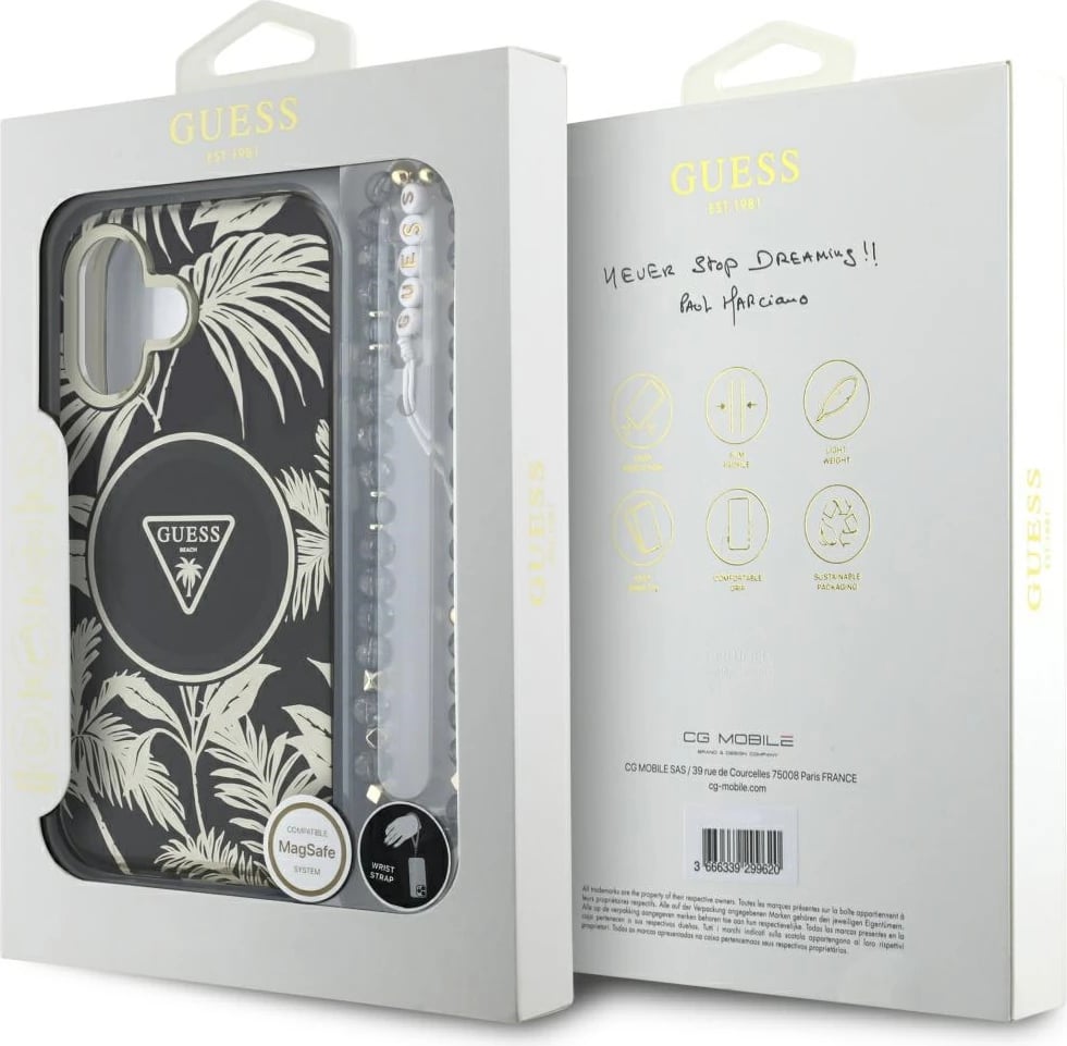 Mbështjellës Guess Palm Trees Triangle Pearl Strap MagSafe për iPhone 16, i zi Mbështjellës Guess Palm Trees Triangle Pearl Strap MagSafe për iPhone 16, i zi