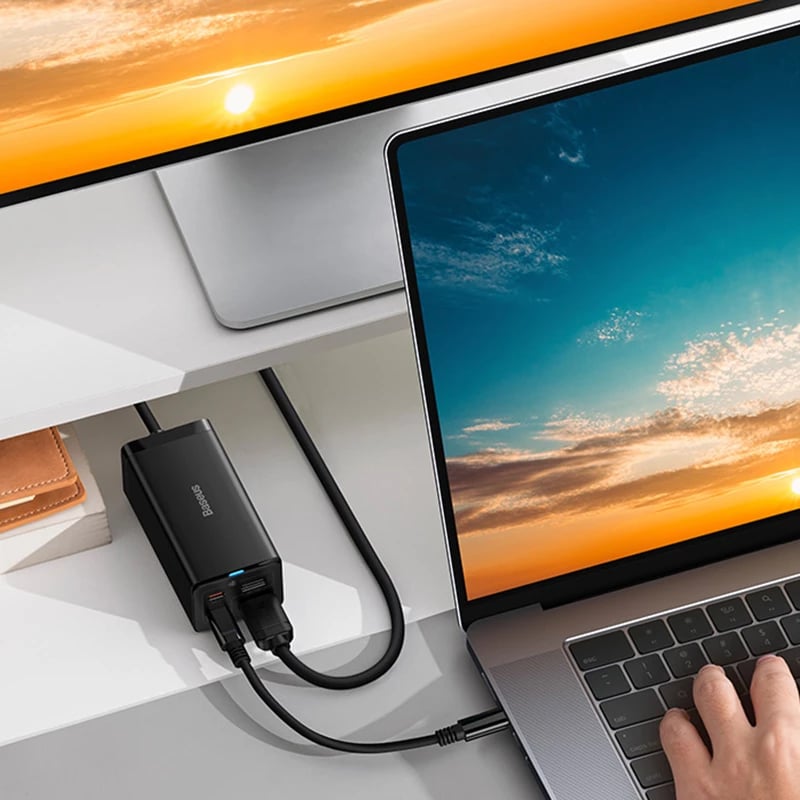 Karikues i shpejtë Baseus GaN5 Pro HUB, CCGP110201, 67W, 2x USB-C, USB-A, HDMI 4K, me kabllo USB-C 1m, i zi