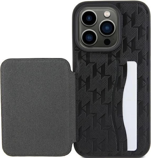 Mbështjellës Karl Lagerfeld Saffiano Cardslots & Stand Monogram Ikonik për iPhone 15 Pro, e zezë