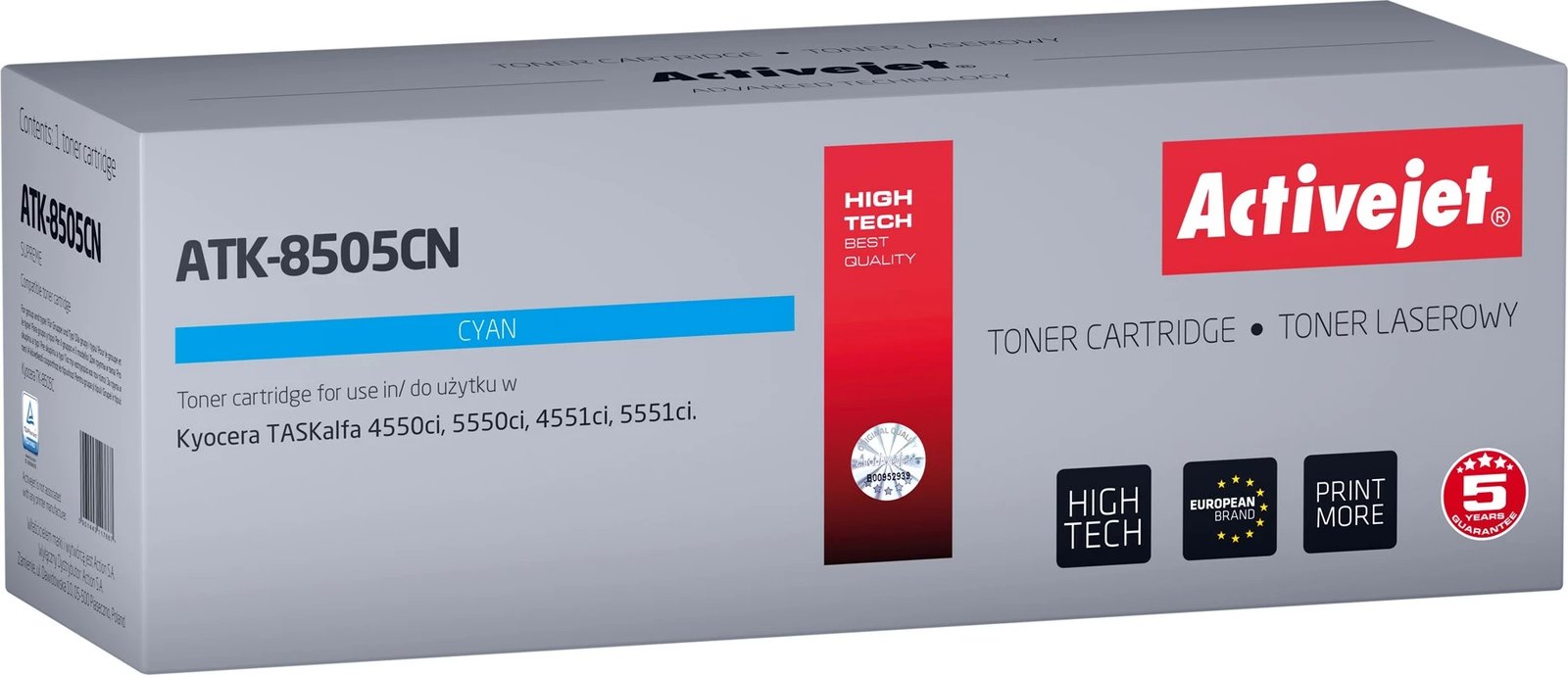 Toner zëvendësues Activejet ATK-8505CN për printerët Kyocera, 20000 faqe, i kaltër